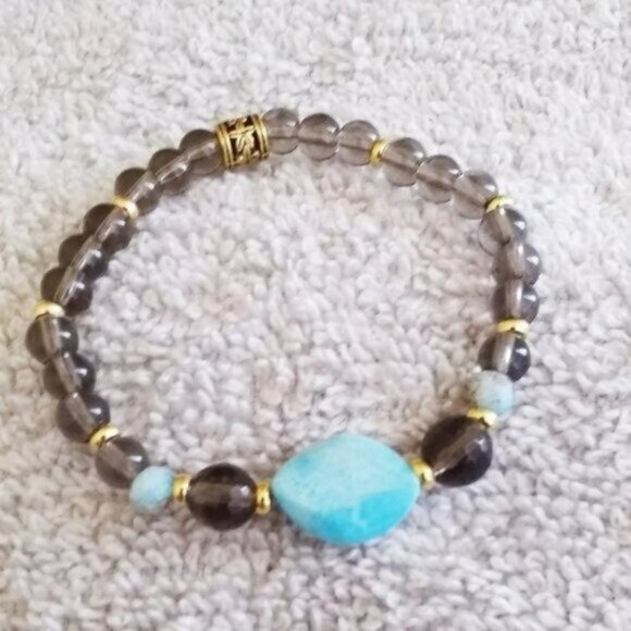 Smoky Gray Crystal + Aqua Jasper Boho Bracelet 7" Stack Bracelet Starter - Picture 1 of 9